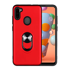 Silicone Matte Finish and Plastic Back Cover Case with Magnetic Finger Ring Stand S02 for Samsung Galaxy A11 Red