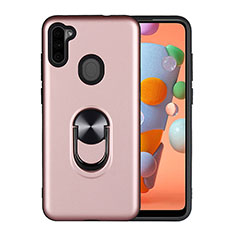 Silicone Matte Finish and Plastic Back Cover Case with Magnetic Finger Ring Stand S02 for Samsung Galaxy A11 Rose Gold