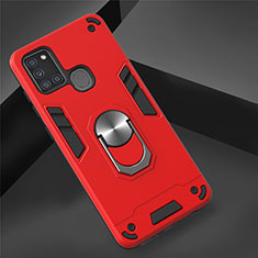 Silicone Matte Finish and Plastic Back Cover Case with Magnetic Finger Ring Stand S02 for Samsung Galaxy A21s Red