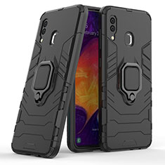 Silicone Matte Finish and Plastic Back Cover Case with Magnetic Finger Ring Stand S02 for Samsung Galaxy A30 Black