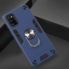Silicone Matte Finish and Plastic Back Cover Case with Magnetic Finger Ring Stand S02 for Samsung Galaxy A41 Blue