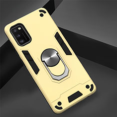 Silicone Matte Finish and Plastic Back Cover Case with Magnetic Finger Ring Stand S02 for Samsung Galaxy A41 Gold