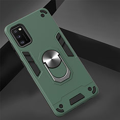 Silicone Matte Finish and Plastic Back Cover Case with Magnetic Finger Ring Stand S02 for Samsung Galaxy A41 Green