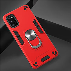 Silicone Matte Finish and Plastic Back Cover Case with Magnetic Finger Ring Stand S02 for Samsung Galaxy A41 Red