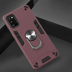 Silicone Matte Finish and Plastic Back Cover Case with Magnetic Finger Ring Stand S02 for Samsung Galaxy A41 Red Wine