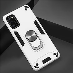 Silicone Matte Finish and Plastic Back Cover Case with Magnetic Finger Ring Stand S02 for Samsung Galaxy A41 White