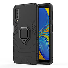 Silicone Matte Finish and Plastic Back Cover Case with Magnetic Finger Ring Stand S02 for Samsung Galaxy A7 (2018) A750 Black