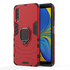 Silicone Matte Finish and Plastic Back Cover Case with Magnetic Finger Ring Stand S02 for Samsung Galaxy A7 (2018) A750 Red
