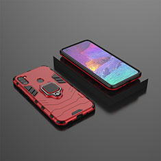 Silicone Matte Finish and Plastic Back Cover Case with Magnetic Finger Ring Stand S02 for Samsung Galaxy M11 Red