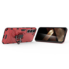 Silicone Matte Finish and Plastic Back Cover Case with Magnetic Finger Ring Stand S02 for Samsung Galaxy S24 Plus 5G Red