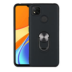 Silicone Matte Finish and Plastic Back Cover Case with Magnetic Finger Ring Stand S02 for Xiaomi Redmi 9 India Black