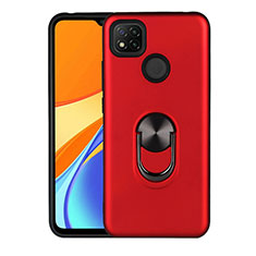 Silicone Matte Finish and Plastic Back Cover Case with Magnetic Finger Ring Stand S02 for Xiaomi Redmi 9 India Red