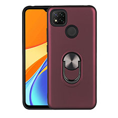 Silicone Matte Finish and Plastic Back Cover Case with Magnetic Finger Ring Stand S02 for Xiaomi Redmi 9 India Red Wine