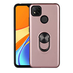 Silicone Matte Finish and Plastic Back Cover Case with Magnetic Finger Ring Stand S02 for Xiaomi Redmi 9 India Rose Gold