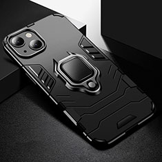 Silicone Matte Finish and Plastic Back Cover Case with Magnetic Finger Ring Stand S03 for Apple iPhone 13 Black