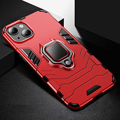 Silicone Matte Finish and Plastic Back Cover Case with Magnetic Finger Ring Stand S03 for Apple iPhone 13 Mini Red