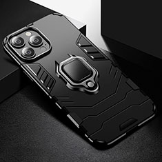 Silicone Matte Finish and Plastic Back Cover Case with Magnetic Finger Ring Stand S03 for Apple iPhone 13 Pro Max Black
