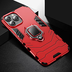 Silicone Matte Finish and Plastic Back Cover Case with Magnetic Finger Ring Stand S03 for Apple iPhone 14 Pro Red