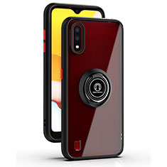 Silicone Matte Finish and Plastic Back Cover Case with Magnetic Finger Ring Stand S03 for Samsung Galaxy A01 SM-A015 Red and Black