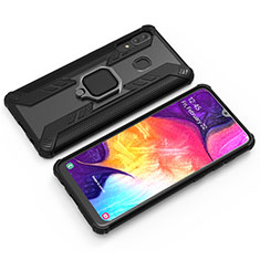Silicone Matte Finish and Plastic Back Cover Case with Magnetic Finger Ring Stand S03 for Samsung Galaxy A30 Black