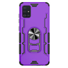 Silicone Matte Finish and Plastic Back Cover Case with Magnetic Finger Ring Stand S03 for Samsung Galaxy A51 5G Purple