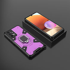 Silicone Matte Finish and Plastic Back Cover Case with Magnetic Finger Ring Stand S03 for Samsung Galaxy M32 5G Purple