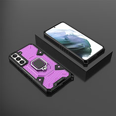 Silicone Matte Finish and Plastic Back Cover Case with Magnetic Finger Ring Stand S03 for Samsung Galaxy S22 5G Purple