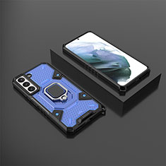 Silicone Matte Finish and Plastic Back Cover Case with Magnetic Finger Ring Stand S03 for Samsung Galaxy S23 Plus 5G Blue