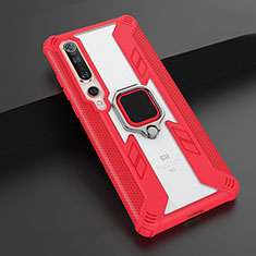 Silicone Matte Finish and Plastic Back Cover Case with Magnetic Finger Ring Stand S03 for Xiaomi Mi 10 Red