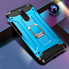 Silicone Matte Finish and Plastic Back Cover Case with Magnetic Finger Ring Stand S03 for Xiaomi Redmi 8 Blue