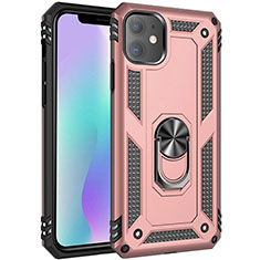Silicone Matte Finish and Plastic Back Cover Case with Magnetic Finger Ring Stand S04 for Apple iPhone 11 Rose Gold