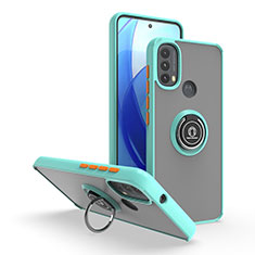 Silicone Matte Finish and Plastic Back Cover Case with Magnetic Finger Ring Stand S04 for Motorola Moto E20 Cyan