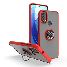 Silicone Matte Finish and Plastic Back Cover Case with Magnetic Finger Ring Stand S04 for Motorola Moto E30 Red