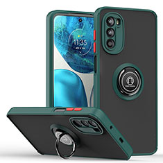Silicone Matte Finish and Plastic Back Cover Case with Magnetic Finger Ring Stand S04 for Motorola Moto Edge (2022) 5G Midnight Green