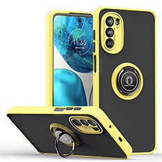 Silicone Matte Finish and Plastic Back Cover Case with Magnetic Finger Ring Stand S04 for Motorola Moto Edge (2022) 5G Yellow