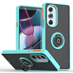 Silicone Matte Finish and Plastic Back Cover Case with Magnetic Finger Ring Stand S04 for Motorola Moto Edge 30 Pro 5G Cyan