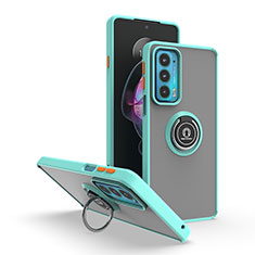 Silicone Matte Finish and Plastic Back Cover Case with Magnetic Finger Ring Stand S04 for Motorola Moto Edge Lite 5G Cyan