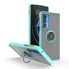 Silicone Matte Finish and Plastic Back Cover Case with Magnetic Finger Ring Stand S04 for Motorola Moto Edge S Pro 5G Cyan