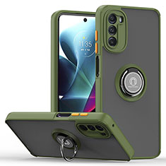 Silicone Matte Finish and Plastic Back Cover Case with Magnetic Finger Ring Stand S04 for Motorola Moto G 5G (2022) Green