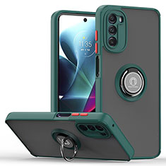 Silicone Matte Finish and Plastic Back Cover Case with Magnetic Finger Ring Stand S04 for Motorola Moto G 5G (2022) Midnight Green