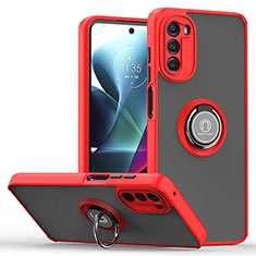 Silicone Matte Finish and Plastic Back Cover Case with Magnetic Finger Ring Stand S04 for Motorola Moto G 5G (2022) Red