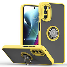 Silicone Matte Finish and Plastic Back Cover Case with Magnetic Finger Ring Stand S04 for Motorola Moto G 5G (2022) Yellow