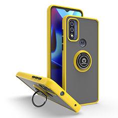 Silicone Matte Finish and Plastic Back Cover Case with Magnetic Finger Ring Stand S04 for Motorola Moto G Pure Yellow