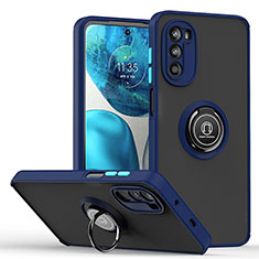 Silicone Matte Finish and Plastic Back Cover Case with Magnetic Finger Ring Stand S04 for Motorola Moto G71s 5G Blue