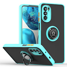 Silicone Matte Finish and Plastic Back Cover Case with Magnetic Finger Ring Stand S04 for Motorola Moto G71s 5G Cyan