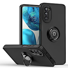 Silicone Matte Finish and Plastic Back Cover Case with Magnetic Finger Ring Stand S04 for Motorola Moto G82 5G Black