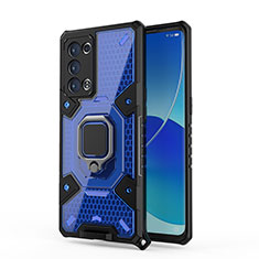 Silicone Matte Finish and Plastic Back Cover Case with Magnetic Finger Ring Stand S04 for Oppo Reno6 Pro 5G Blue