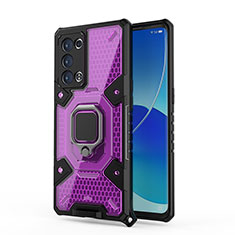 Silicone Matte Finish and Plastic Back Cover Case with Magnetic Finger Ring Stand S04 for Oppo Reno6 Pro 5G Purple