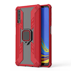 Silicone Matte Finish and Plastic Back Cover Case with Magnetic Finger Ring Stand S04 for Samsung Galaxy A7 (2018) A750 Red