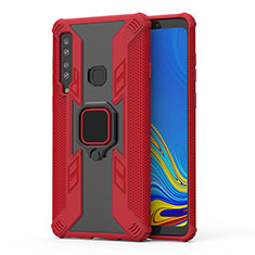Silicone Matte Finish and Plastic Back Cover Case with Magnetic Finger Ring Stand S04 for Samsung Galaxy A9 (2018) A920 Red